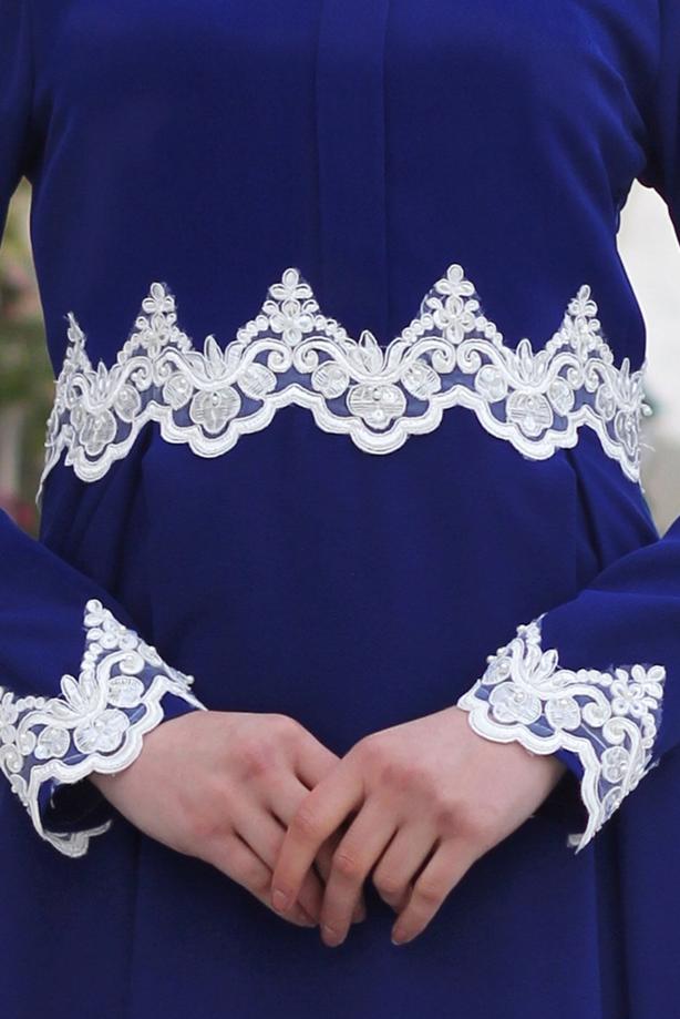 Vêtements hijab  T 4578 Mataş Dantelli Yuvarlak Yaka Abiye Elbise - TRENDTESETTÜR