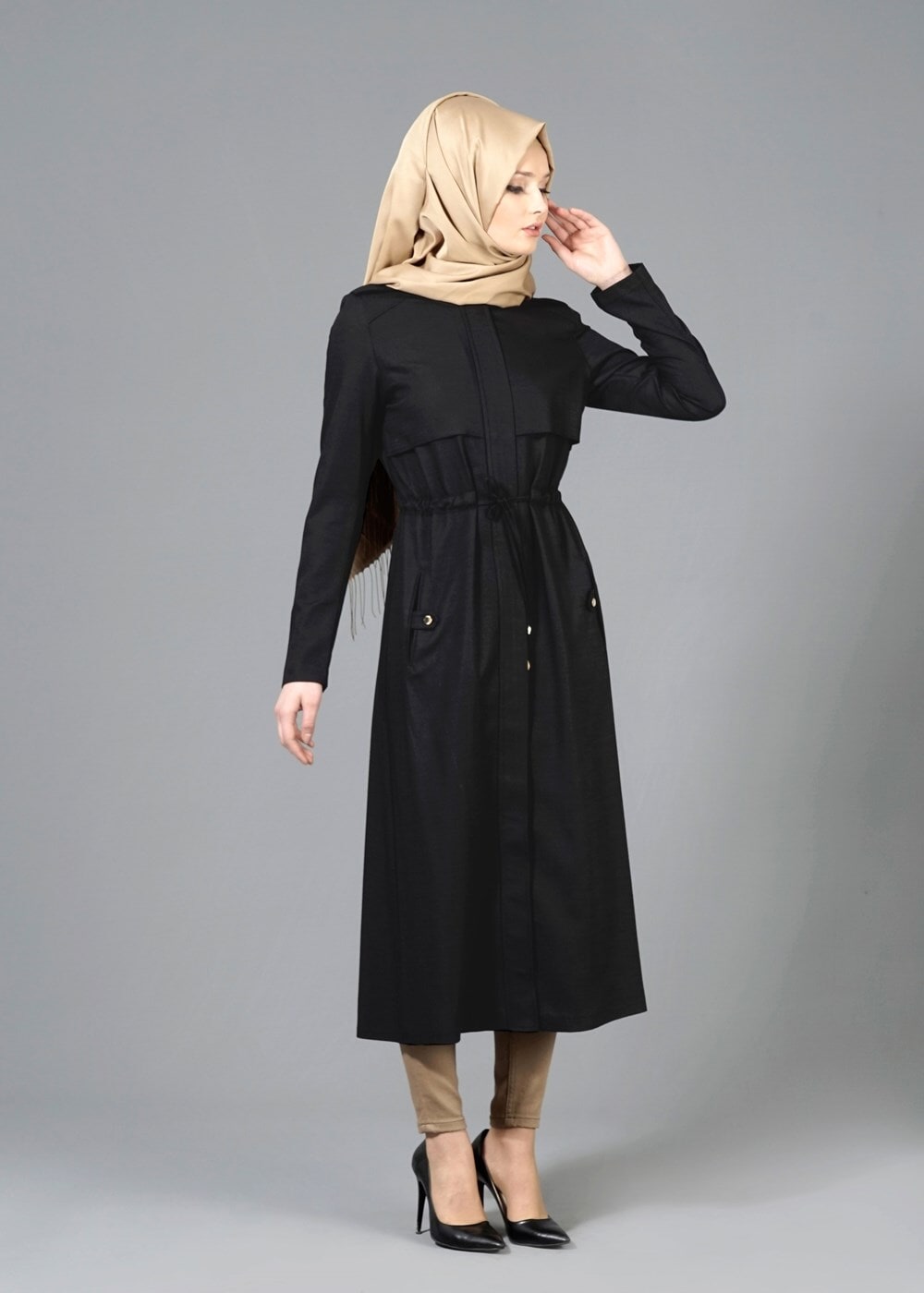 Hijab clothing BLACK T 4586 Mataş Pelerinli Trench