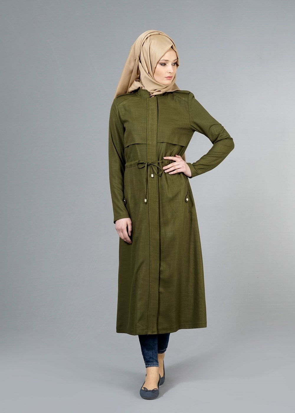 Vêtements hijab KAKI T 4586 Mataş Pelerinli Trench