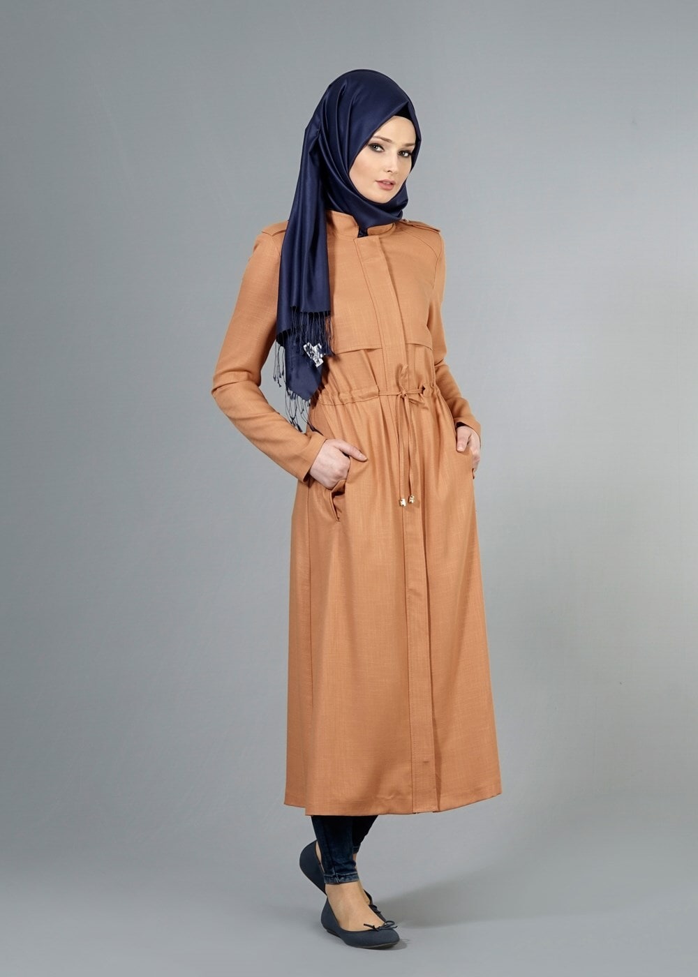 Hijab clothing BROWN T 4586 Mataş Pelerinli Trench