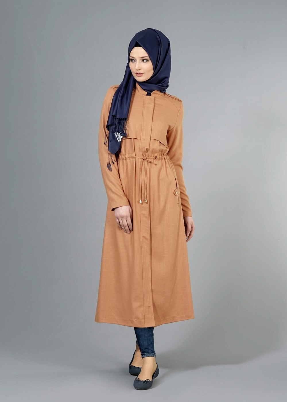 Hijab clothing BROWN T 4586 Mataş Pelerinli Trench