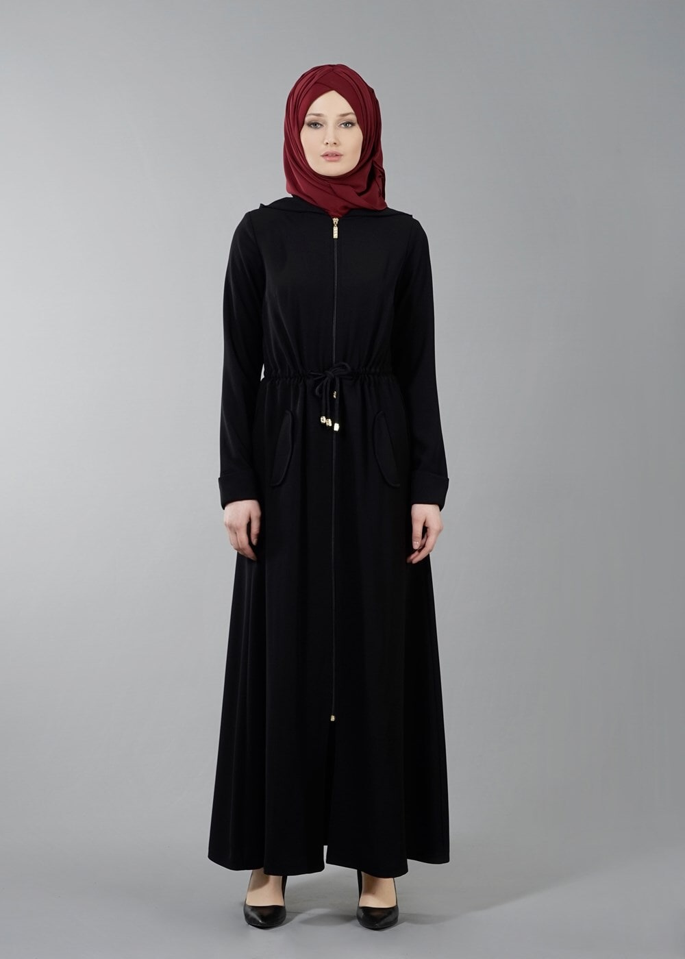Vêtements hijab NOIR T 4591 Mataş Kapşonlu Fermuarlı Ferace