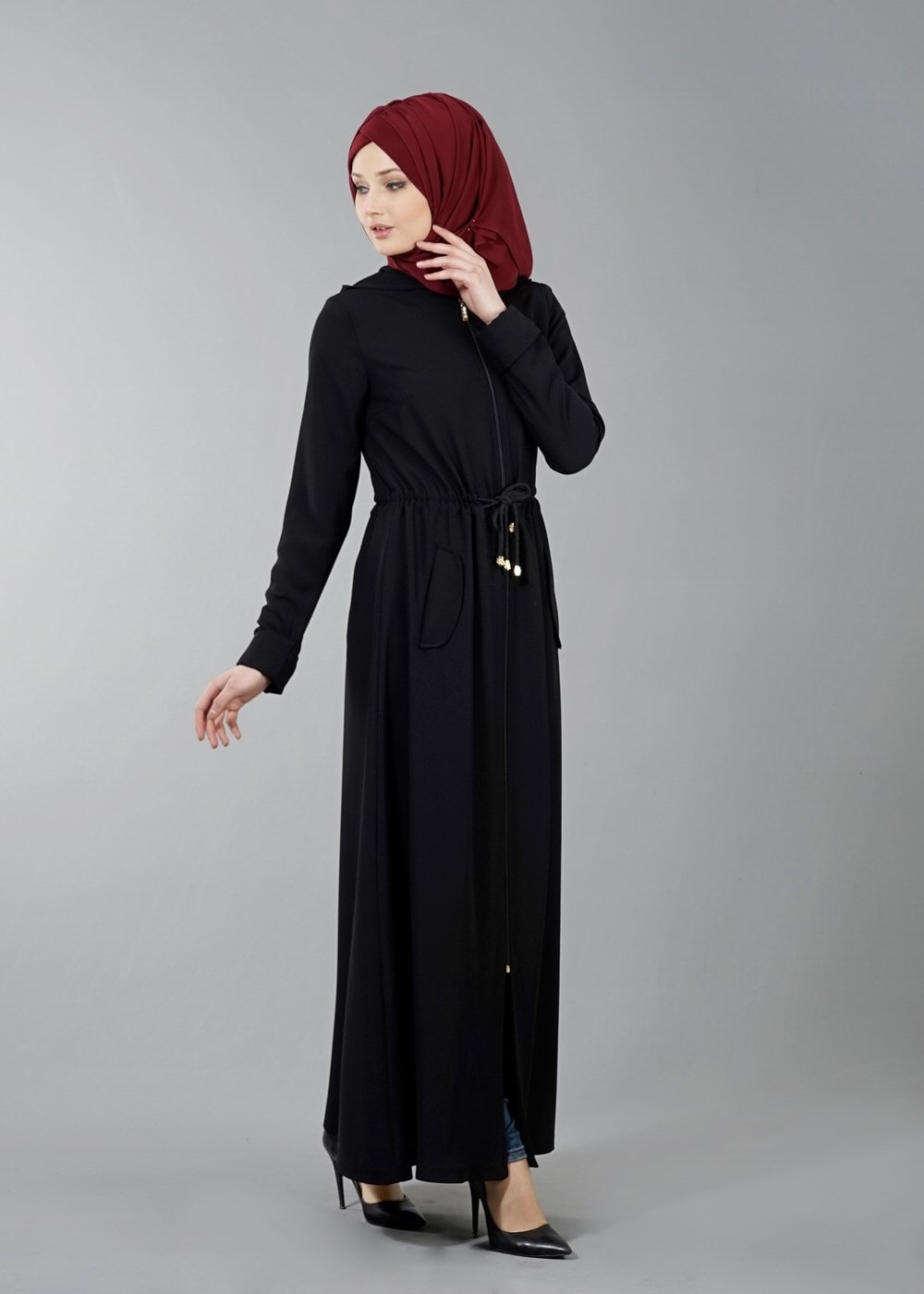 Vêtements hijab NOIR T 4591 Mataş Kapşonlu Fermuarlı Ferace