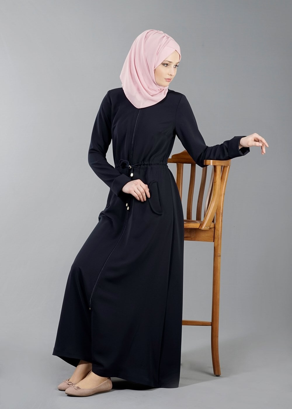 Vêtements hijab BLEU MARINE T 4591 Mataş Kapşonlu Fermuarlı Ferace