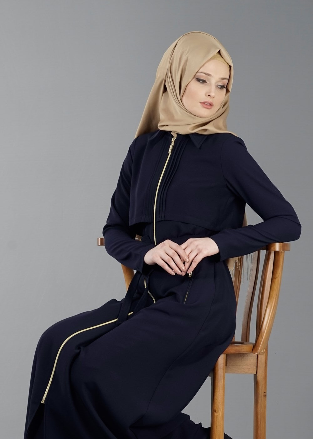 Vêtements hijab BLEU MARINE T 4597 Mataş  Erkek Yaka Fermuarlı Ferace