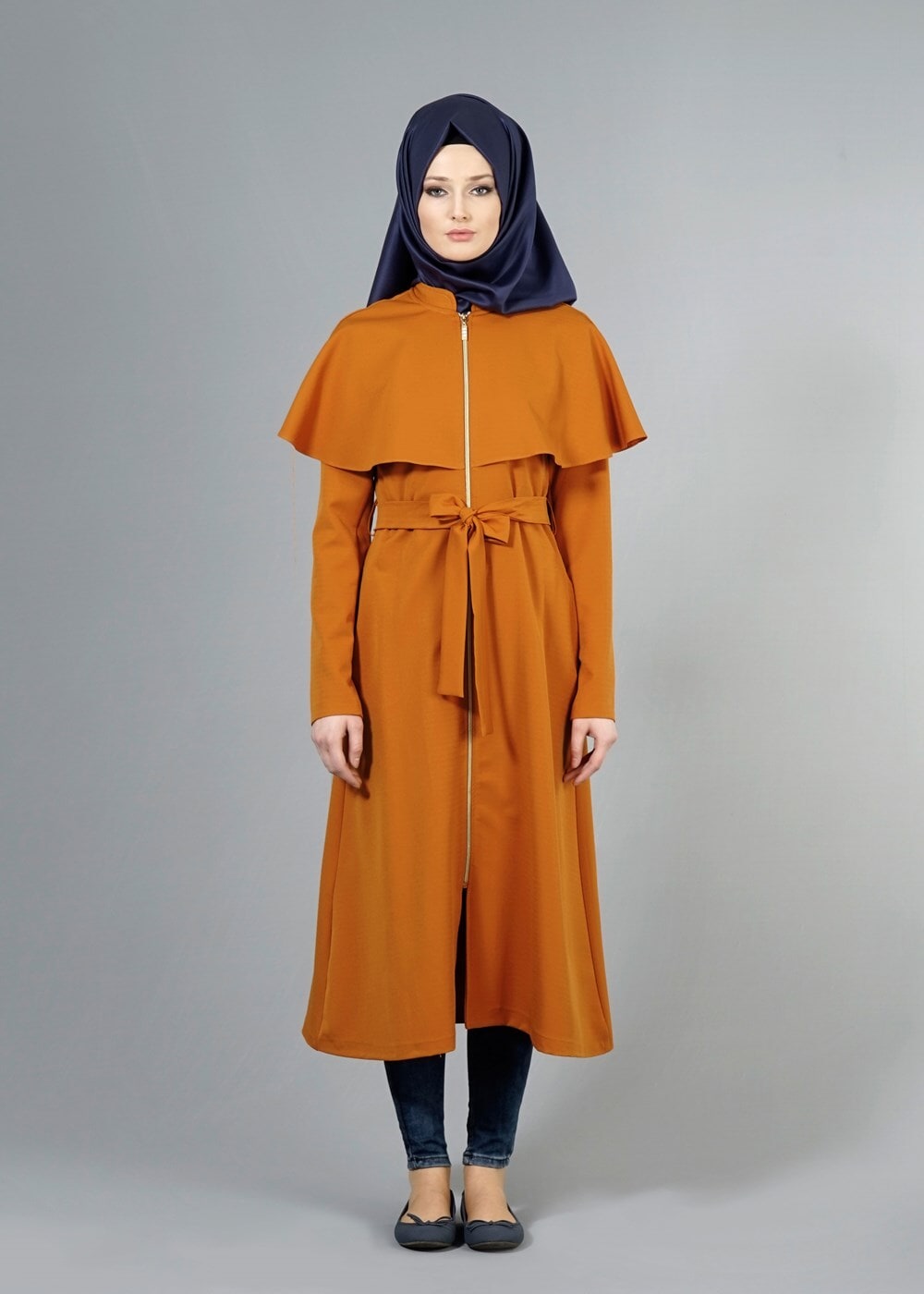 Vêtements hijab ORANGE T 4600 Mataş Pelerinli Hakim Yaka Trench