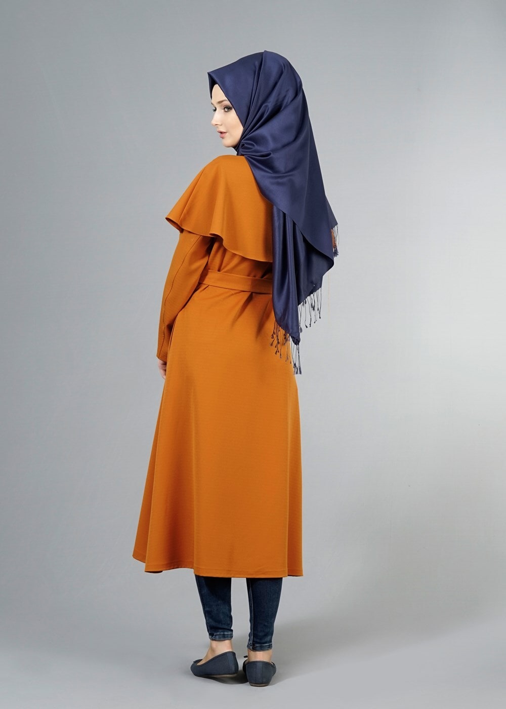 Vêtements hijab ORANGE T 4600 Mataş Pelerinli Hakim Yaka Trench