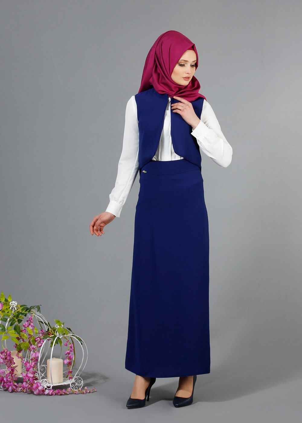 Hijab clothing NAVY BLUE T 403 Meyra Hakim Yaka Yelekli 2′li Takım