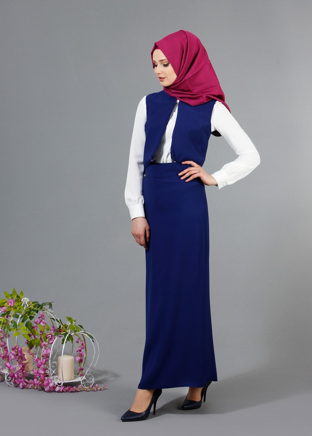 Hijab clothing NAVY BLUE T 403 Meyra Hakim Yaka Yelekli 2′li Takım