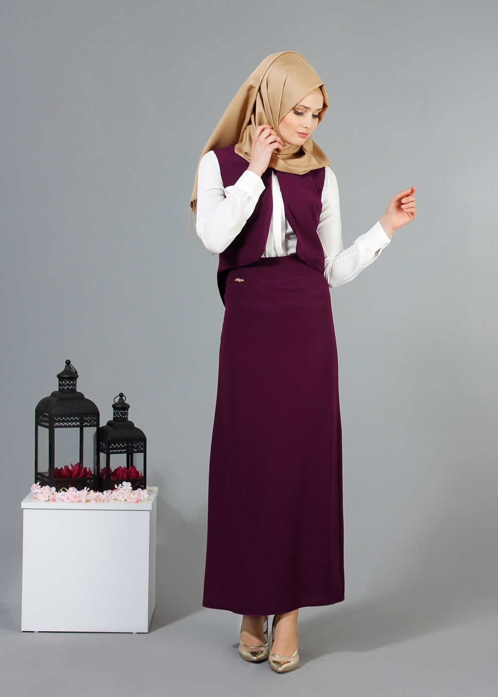 Hijab clothing PURPLE T 403 Meyra Hakim Yaka Yelekli 2′li Takım