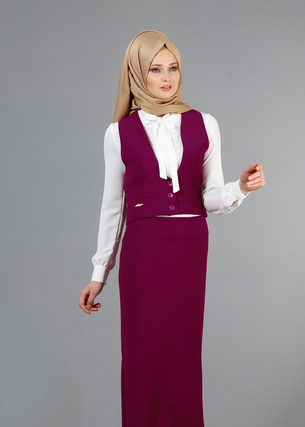 Hijab clothing FUCHSIA T 404 Meyra Cep Detaylı Yelekli 2′li Takım