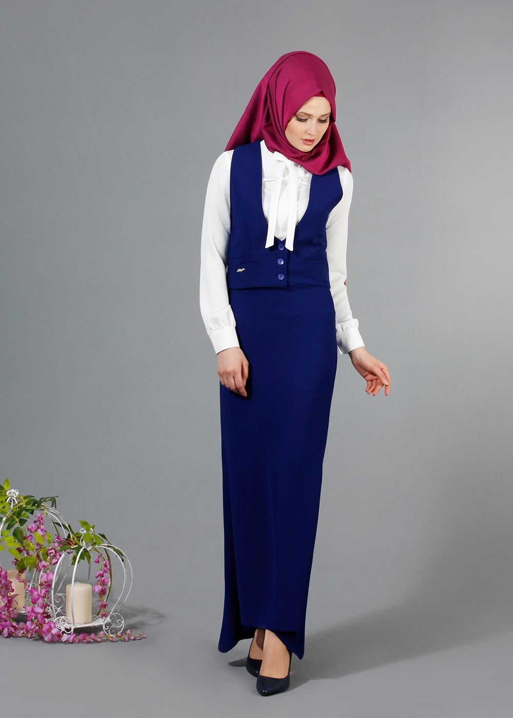 Vêtements hijab BLEU MARINE T 404 Meyra Cep Detaylı Yelekli 2′li Takım