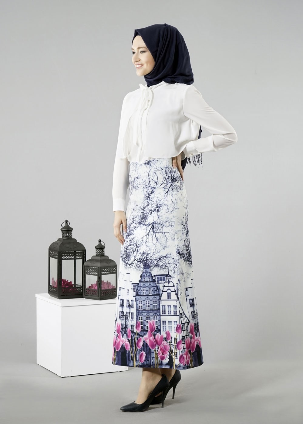 Hijab clothing NAVY BLUE T 457-1 Meyra Dijital Baskı Desenli Etek