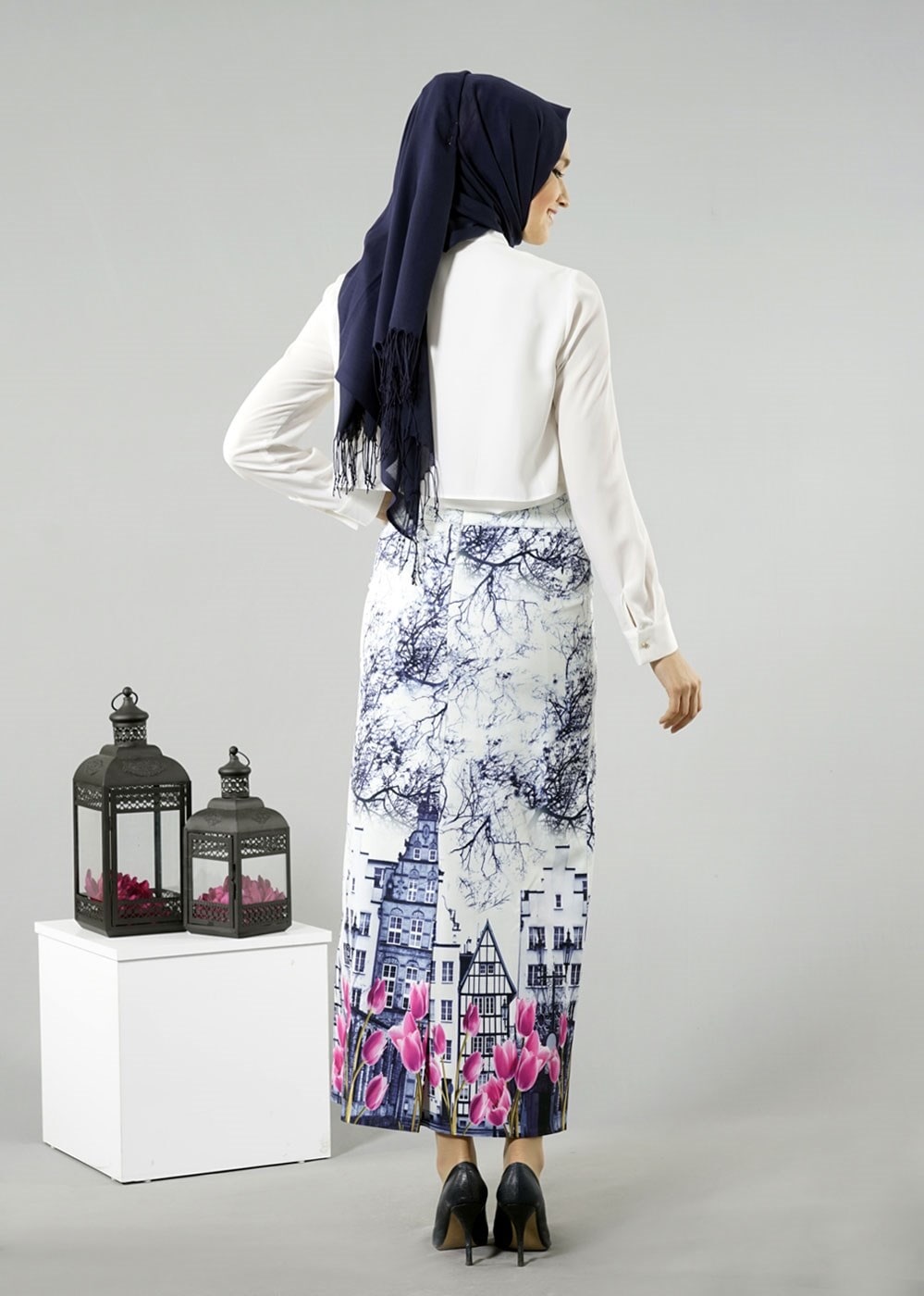 Hijab clothing NAVY BLUE T 457-1 Meyra Dijital Baskı Desenli Etek