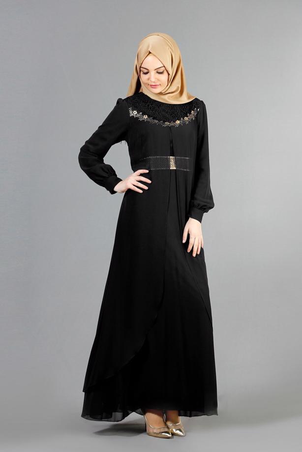 Vêtements hijab  T 52411 Fy Collection- Güpür Detaylı Şifon Abiye - TRENDTESETTÜR