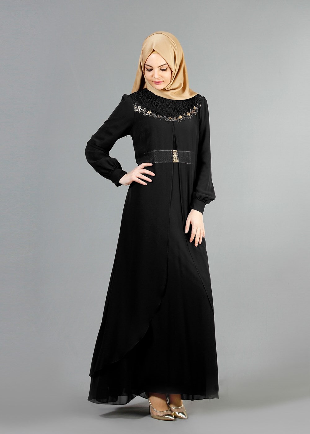 Vêtements hijab NOIR T 52411 Fy Collection- Güpür Detaylı Şifon Abiye