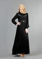 Vêtements hijab NOIR T 52411 Fy Collection- Güpür Detaylı Şifon Abiye