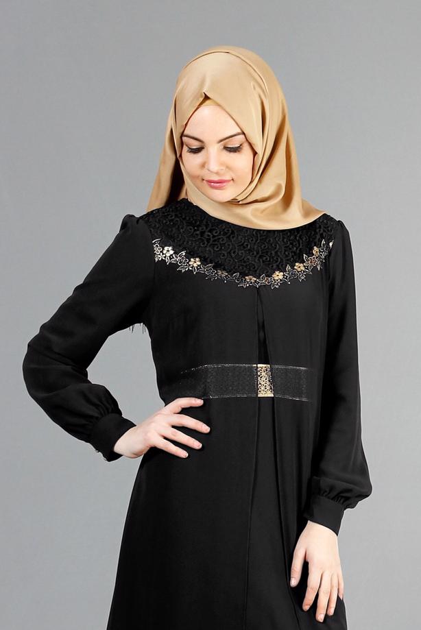 Tesettür giyim  GÜPÜR DETAYLI ŞİFON ABİYE ELBİSE 52411  - TRENDTESETTÜR