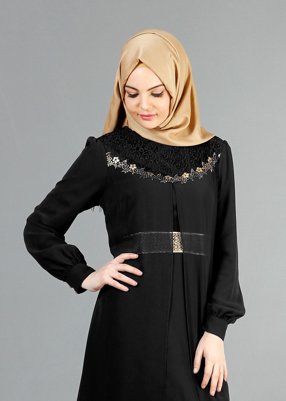 Vêtements hijab NOIR T 52411 Fy Collection- Güpür Detaylı Şifon Abiye
