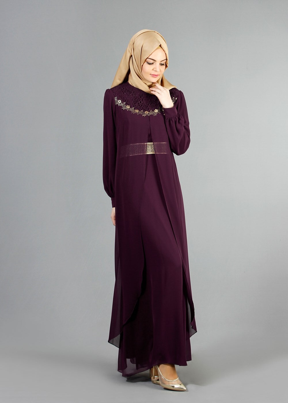 Tesettür giyim MÜRDÜM GÜPÜR DETAYLI ŞİFON ABİYE ELBİSE 52411 