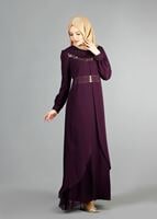 Tesettür giyim MÜRDÜM GÜPÜR DETAYLI ŞİFON ABİYE ELBİSE 52411 