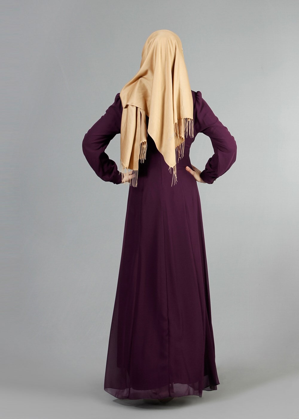 Tesettür giyim MÜRDÜM GÜPÜR DETAYLI ŞİFON ABİYE ELBİSE 52411 