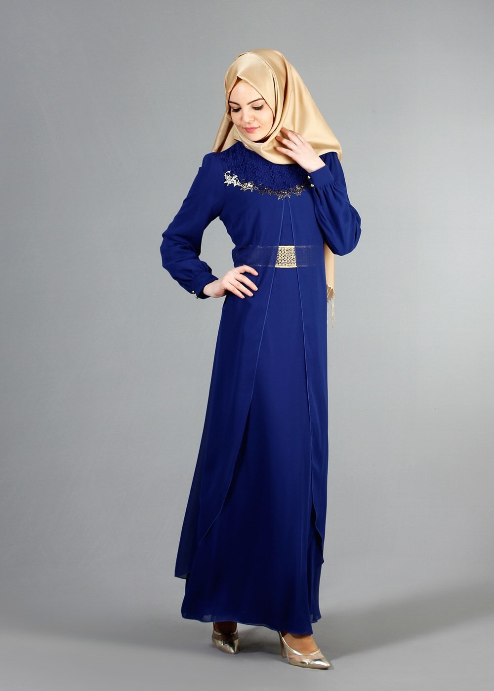 Tesettür giyim LACİVERT GÜPÜR DETAYLI ŞİFON ABİYE ELBİSE 52411 