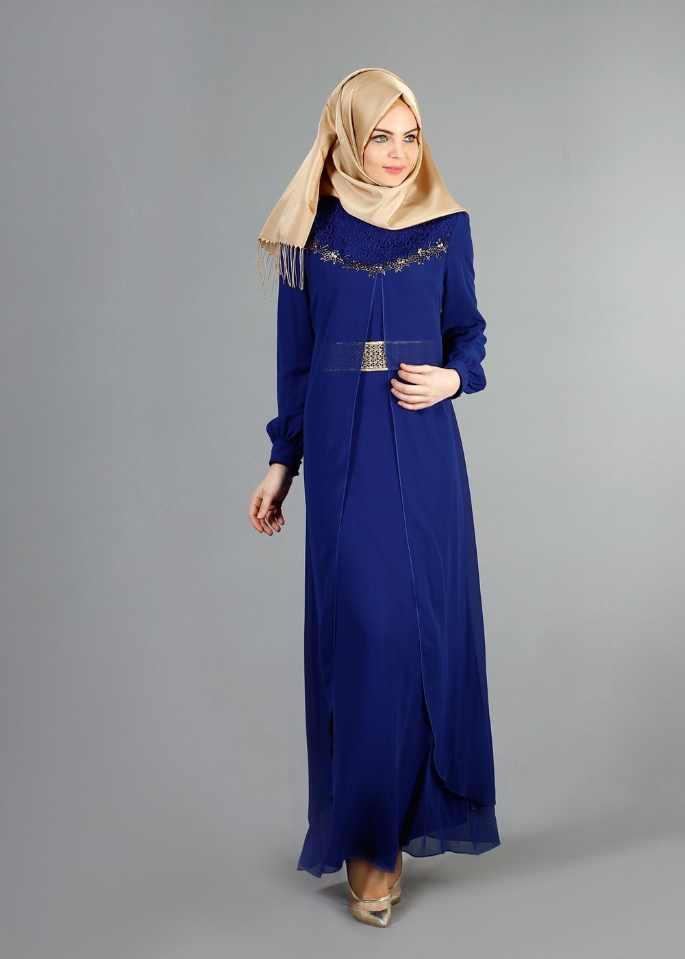 Tesettür giyim LACİVERT GÜPÜR DETAYLI ŞİFON ABİYE ELBİSE 52411 