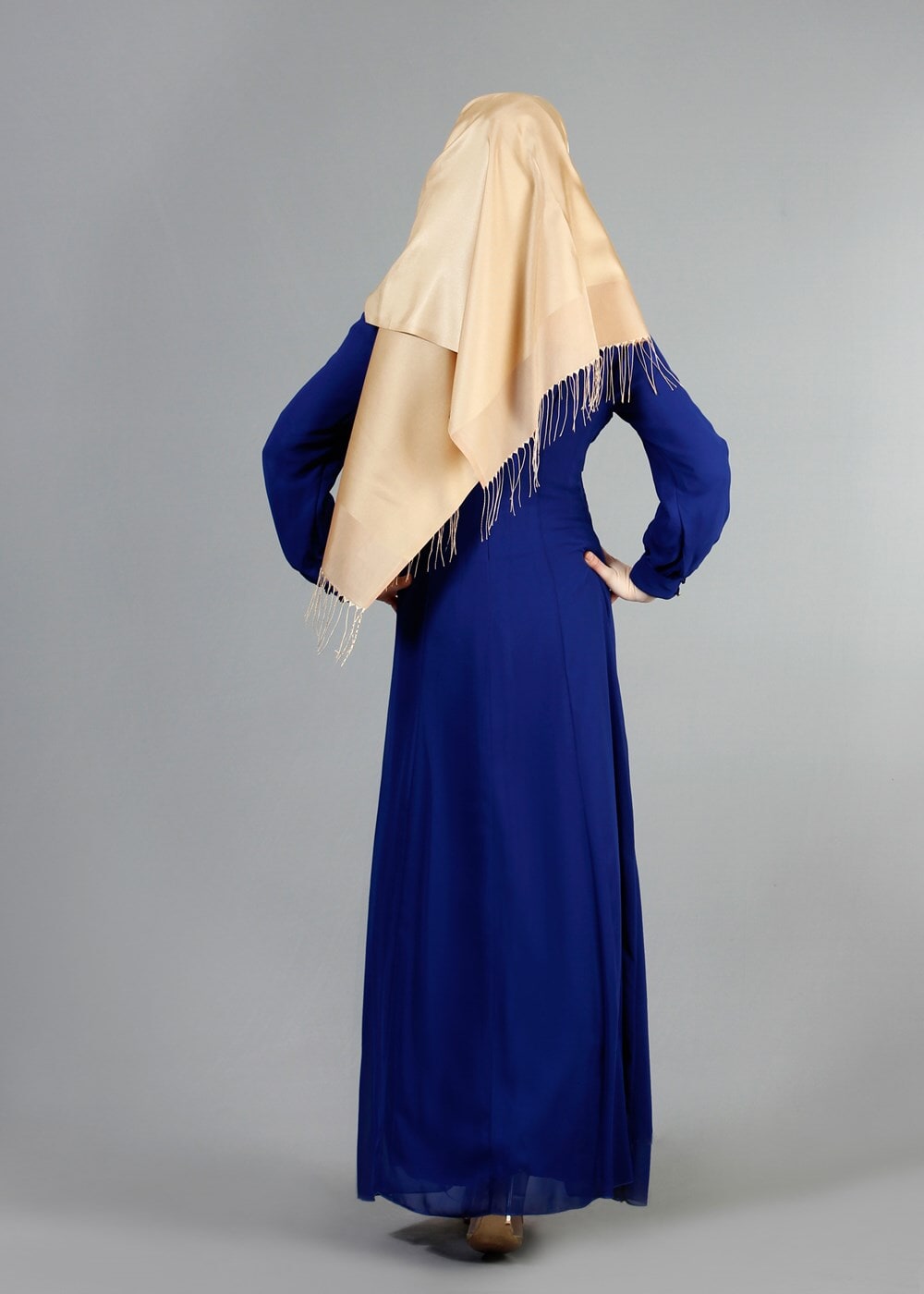 Tesettür giyim LACİVERT GÜPÜR DETAYLI ŞİFON ABİYE ELBİSE 52411 