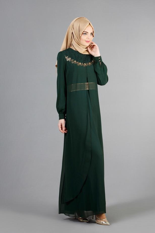Vêtements hijab  T 52411 Fy Collection- Güpür Detaylı Şifon Abiye - TRENDTESETTÜR
