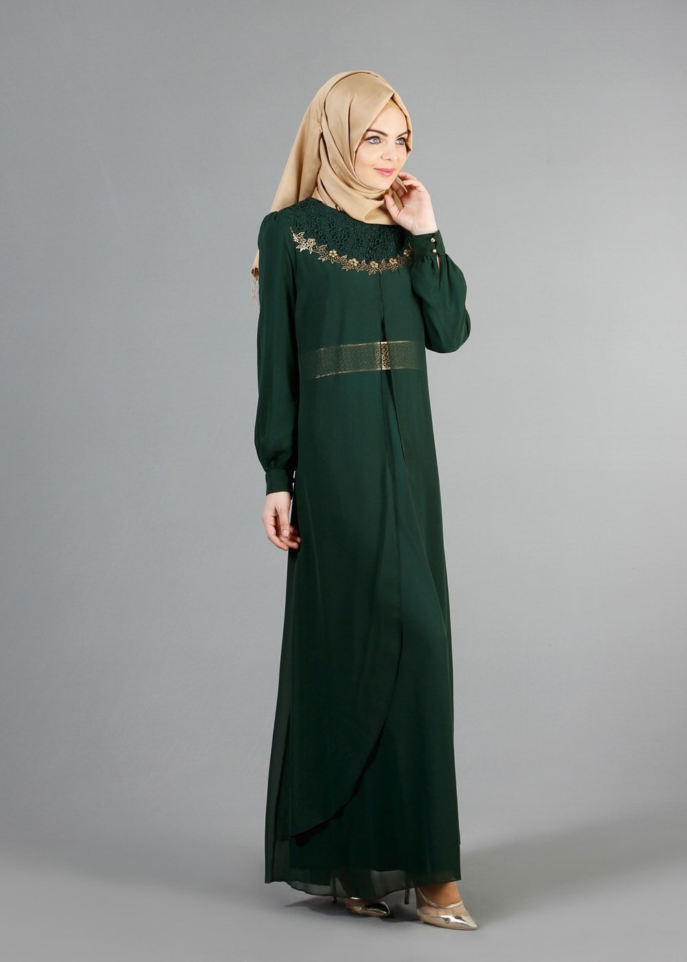 Hijab clothing GREEN T 52411 Fy Collection- Güpür Detaylı Şifon Abiye