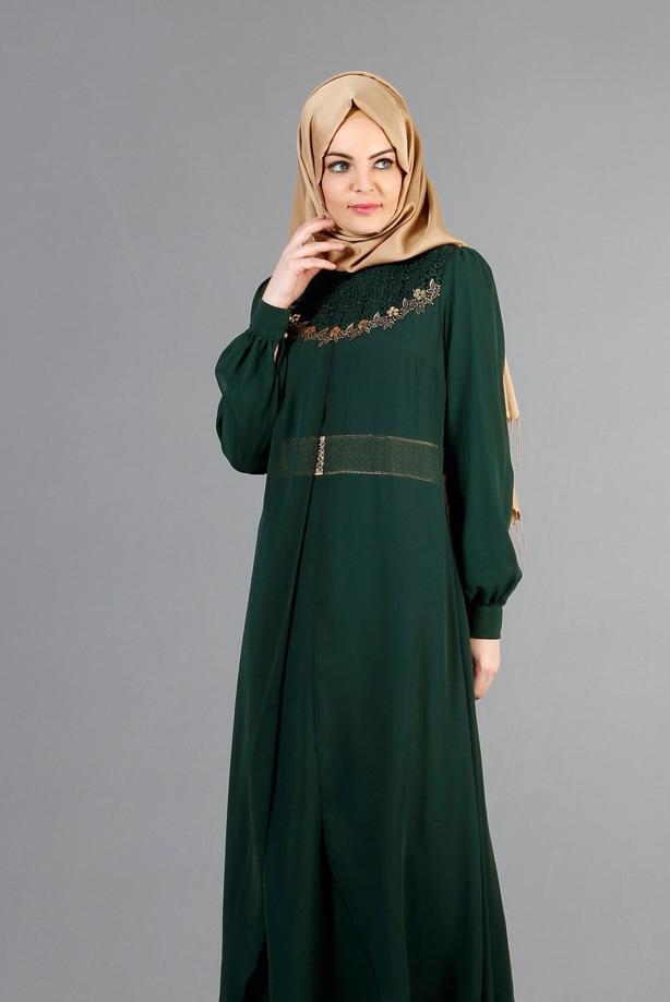 Vêtements hijab  T 52411 Fy Collection- Güpür Detaylı Şifon Abiye - TRENDTESETTÜR
