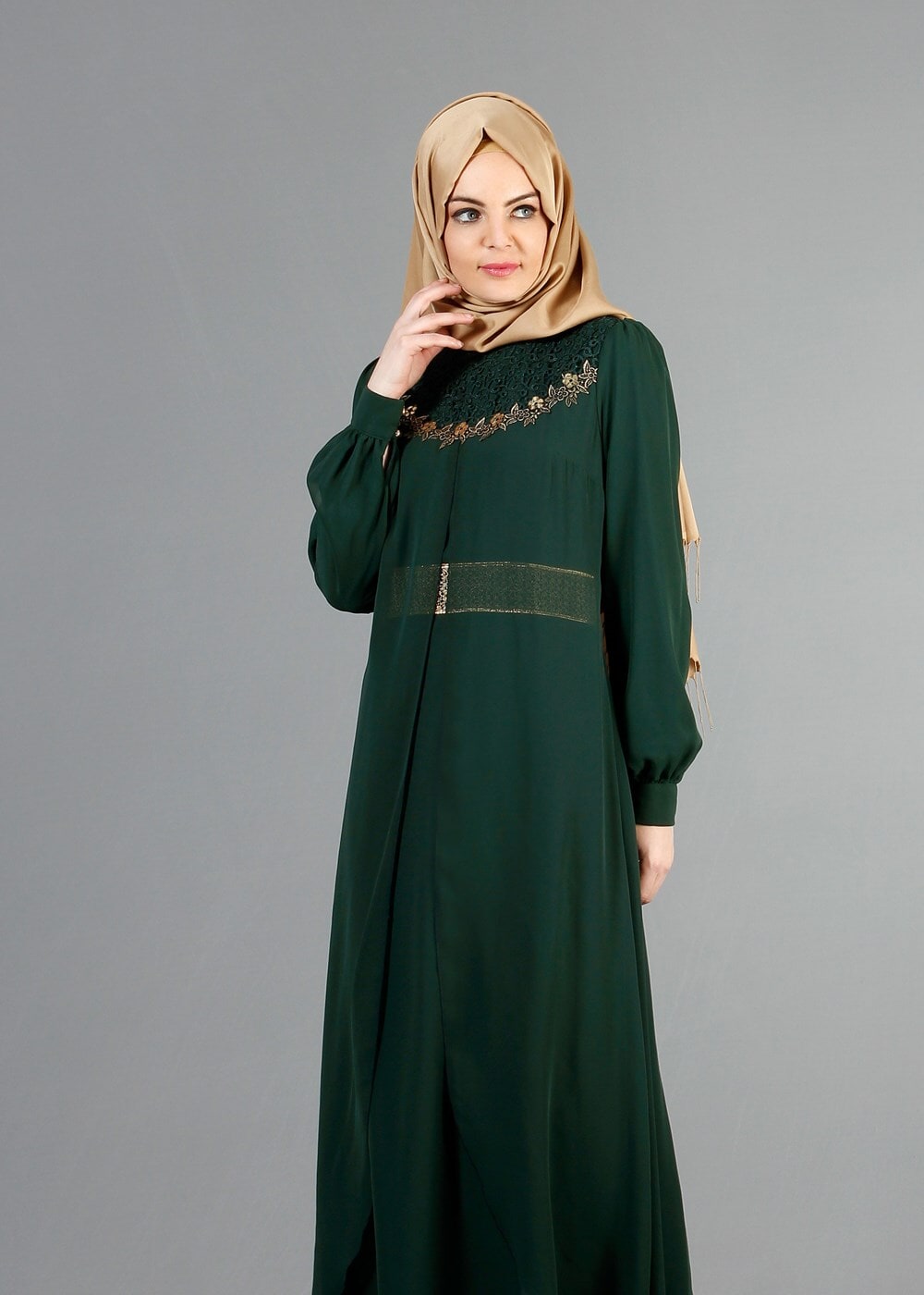 Hijab clothing GREEN T 52411 Fy Collection- Güpür Detaylı Şifon Abiye