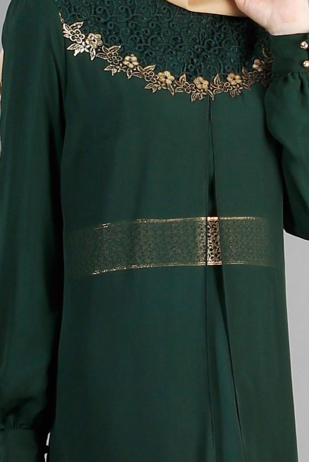 Tesettür giyim  GÜPÜR DETAYLI ŞİFON ABİYE ELBİSE 52411  - TRENDTESETTÜR