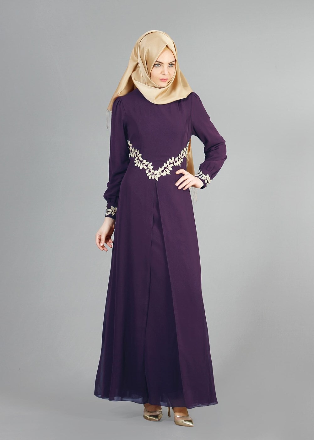 Hijab clothing PURPLE T 52419 Fy Collection-Dantel Detaylı Şifon Abiye