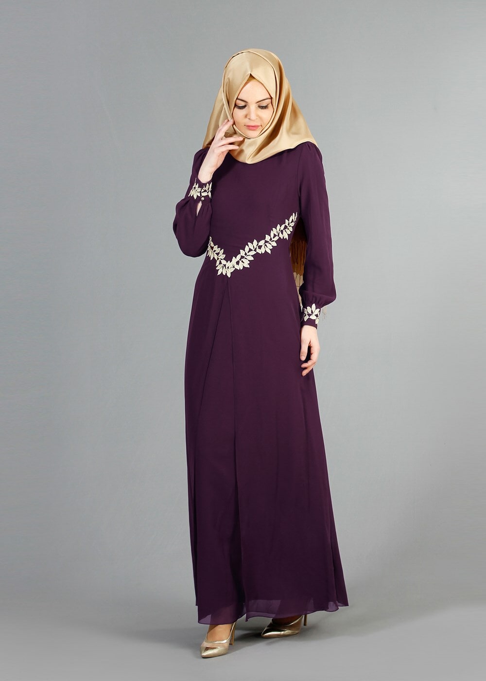 Vêtements hijab PRUNE T 52419 Fy Collection-Dantel Detaylı Şifon Abiye