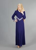 Tesettür giyim LACİVERT T 52419 Fy Collection-Dantel Detaylı Şifon Abiye