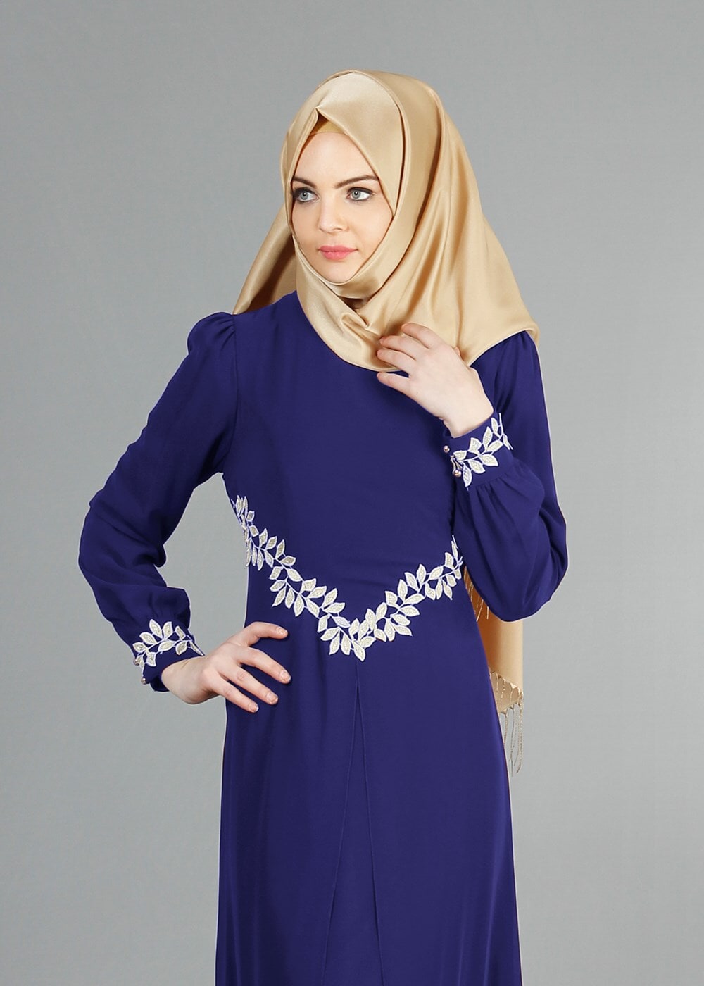 Tesettür giyim LACİVERT T 52419 Fy Collection-Dantel Detaylı Şifon Abiye