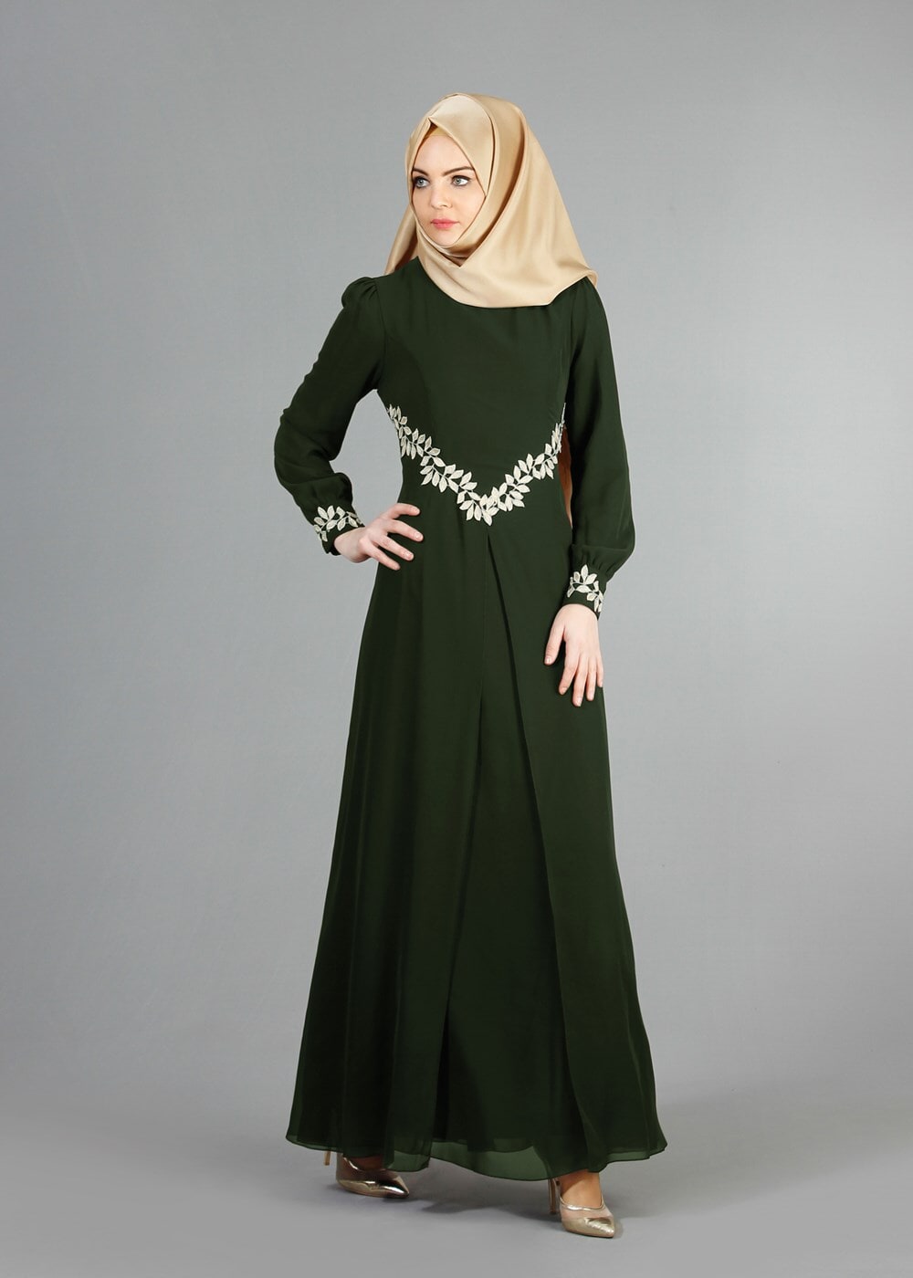 Tesettür giyim YEŞİL T 52419 Fy Collection-Dantel Detaylı Şifon Abiye