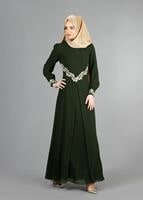 Tesettür giyim YEŞİL T 52419 Fy Collection-Dantel Detaylı Şifon Abiye