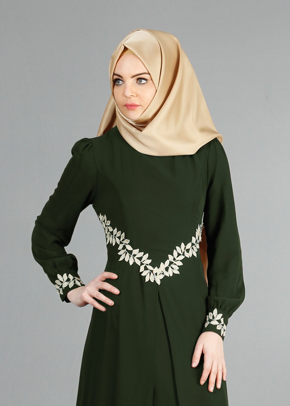 Tesettür giyim YEŞİL T 52419 Fy Collection-Dantel Detaylı Şifon Abiye