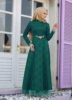 Vêtements hijab VERT T 2231 Nisa Hakim Yaka Tül Detaylı Abiye