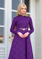 Hijab clothing PURPLE T 2231 Nisa Hakim Yaka Tül Detaylı Abiye