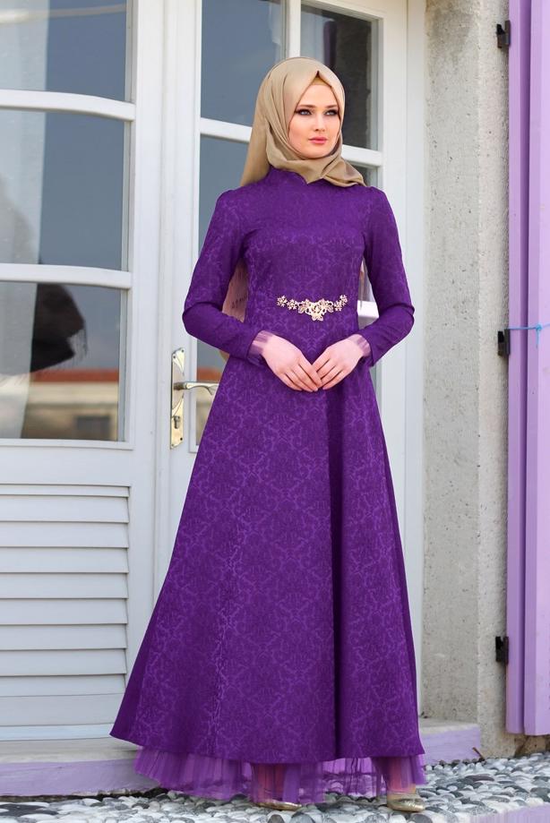 Vêtements hijab  T 2231 Nisa Hakim Yaka Tül Detaylı Abiye - TRENDTESETTÜR