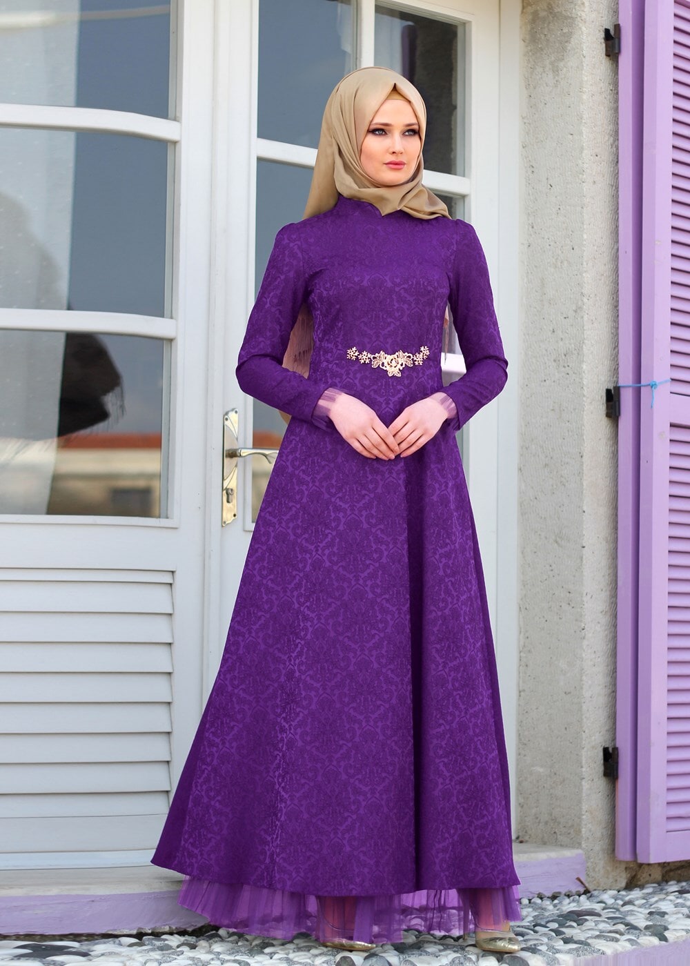 Hijab clothing PURPLE T 2231 Nisa Hakim Yaka Tül Detaylı Abiye