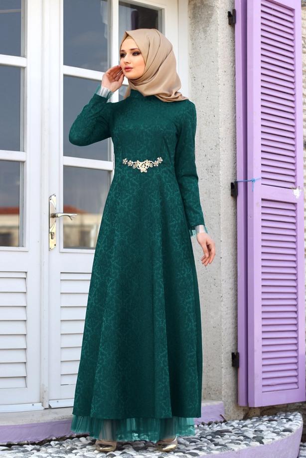 Vêtements hijab  T 2231 Nisa Hakim Yaka Tül Detaylı Abiye - TRENDTESETTÜR