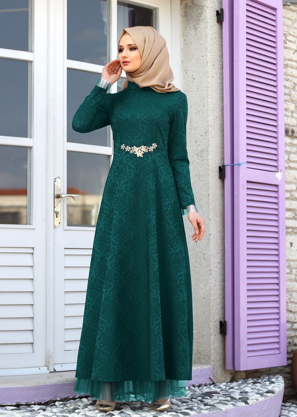 Hijab clothing GREEN T 2231 Nisa Hakim Yaka Tül Detaylı Abiye