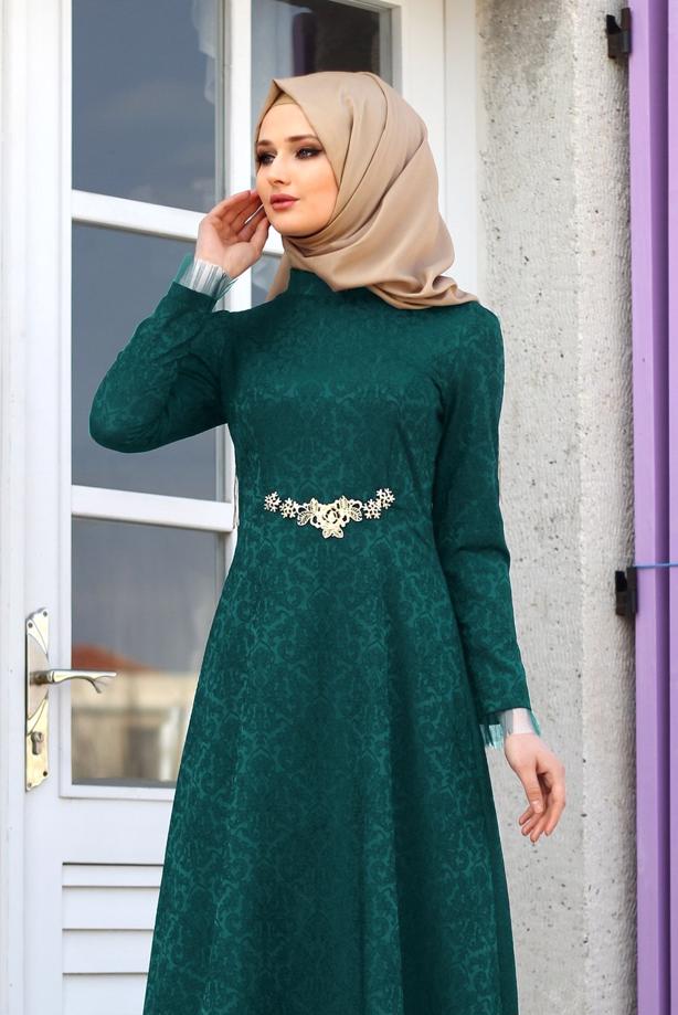 Vêtements hijab  T 2231 Nisa Hakim Yaka Tül Detaylı Abiye - TRENDTESETTÜR
