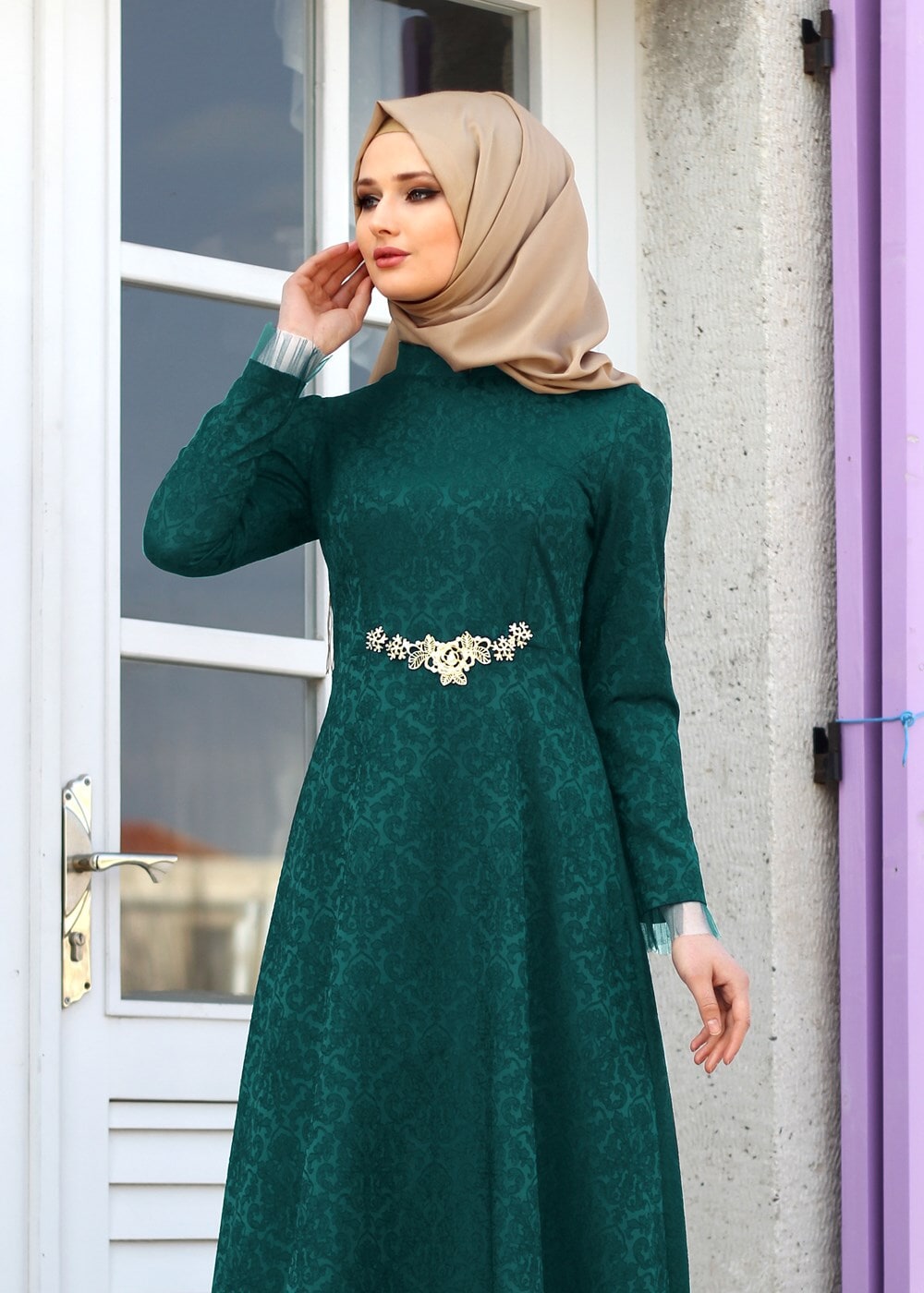 Hijab clothing GREEN T 2231 Nisa Hakim Yaka Tül Detaylı Abiye