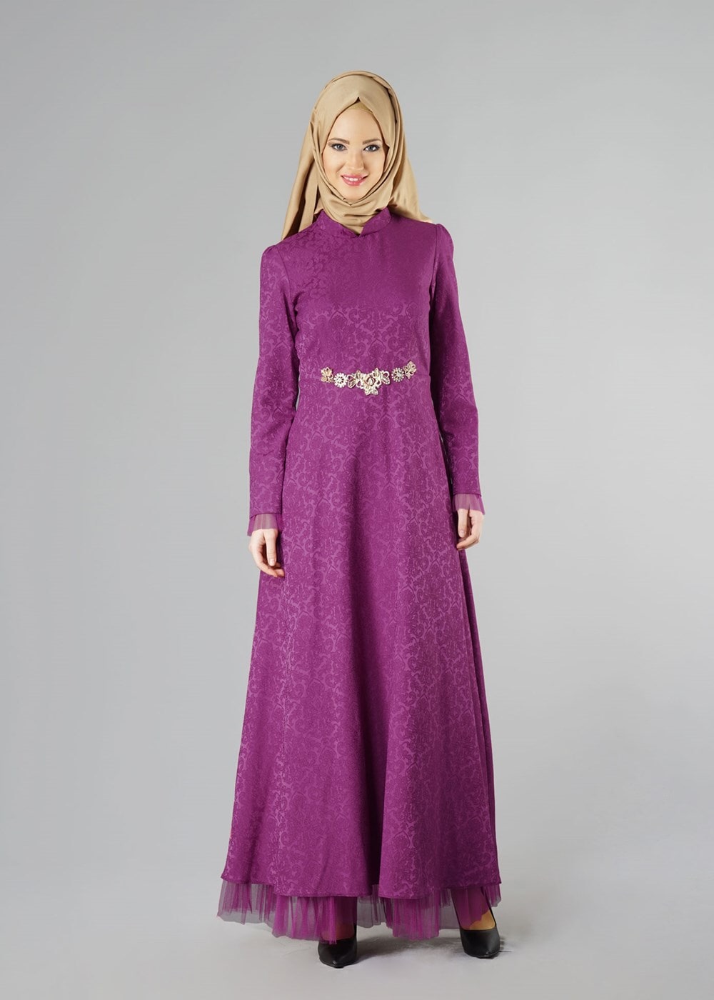 Hijab clothing FUCHSIA T 2231 Nisa Hakim Yaka Tül Detaylı Abiye